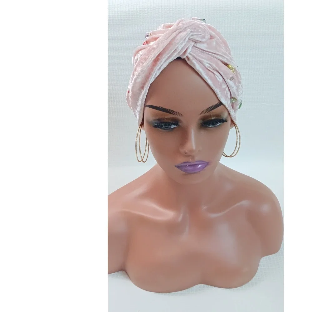 Pink‎ Velvet Rhinestone Turban Head Covering Stretch Velvet Jeweled Hijab Cap